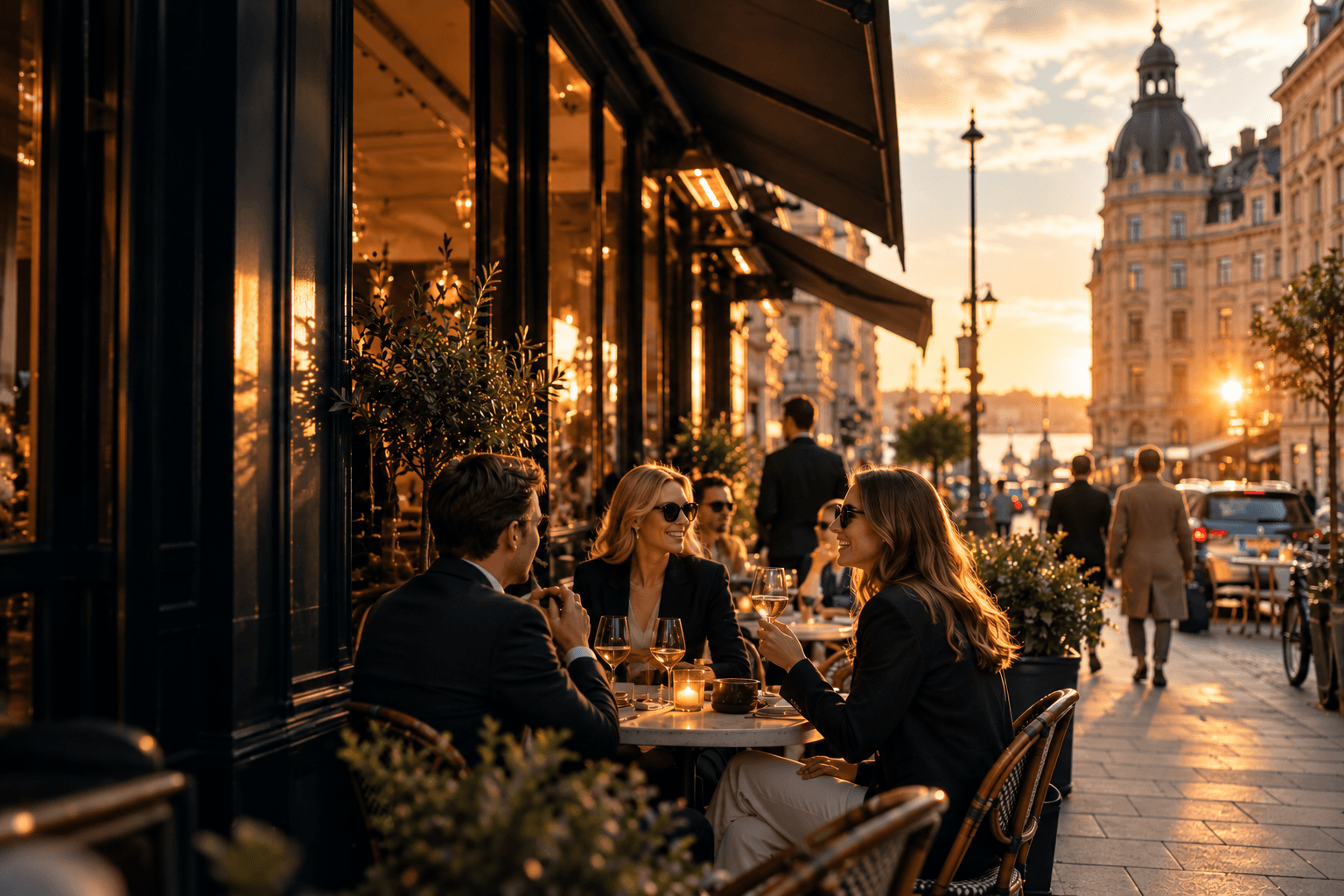 Människor som umgås på en uteservering i Stockholm i varmt kvällsljus